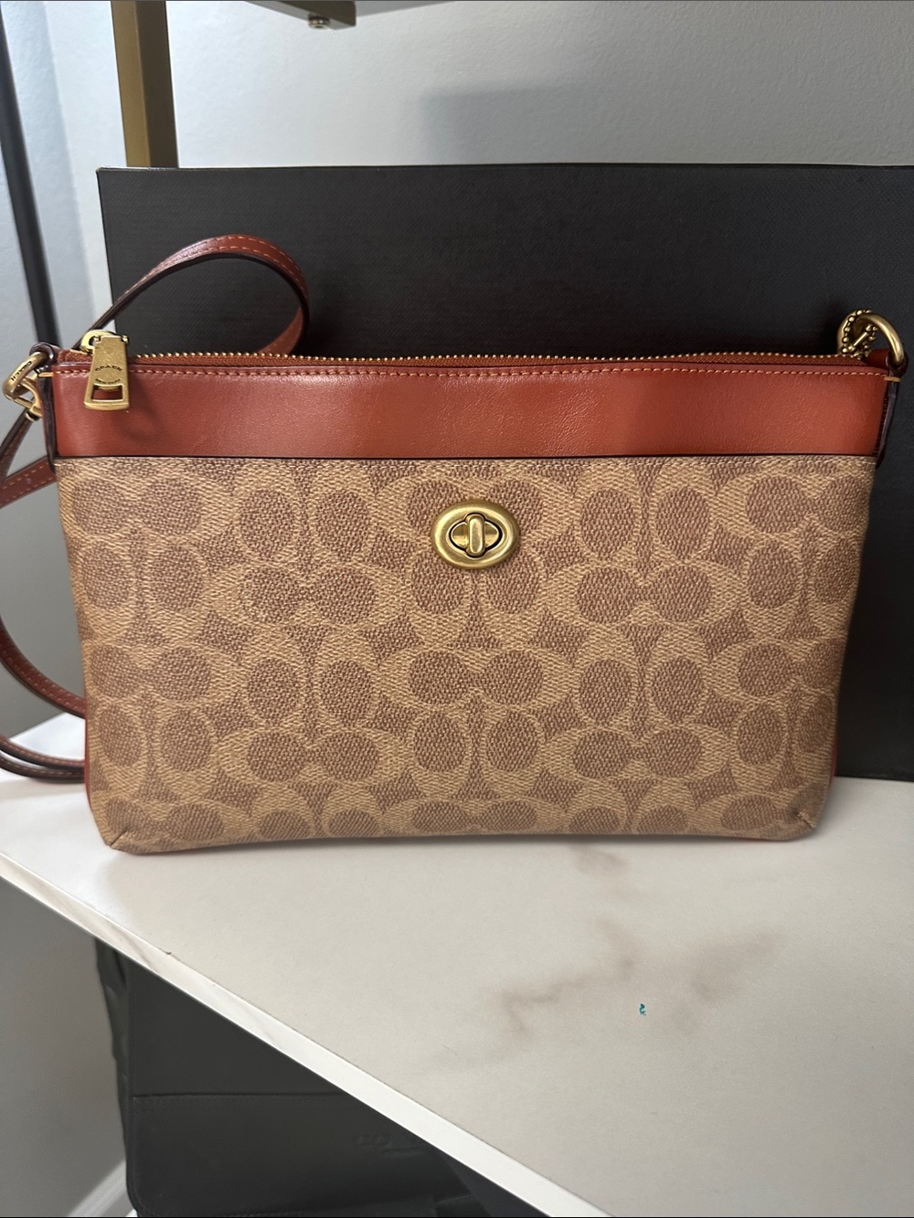 Coach Signature Canvas Crossbody Bag with Leather Trim - Brown/Tan